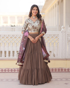 Brown Faux Georgette Sequins Embroidered Lehenga Choli With Digital Print Dupatta