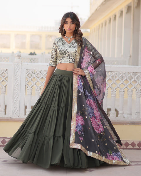 Grey Faux Georgette Sequins Embroidered Lehenga Choli With Digital Print Dupatta