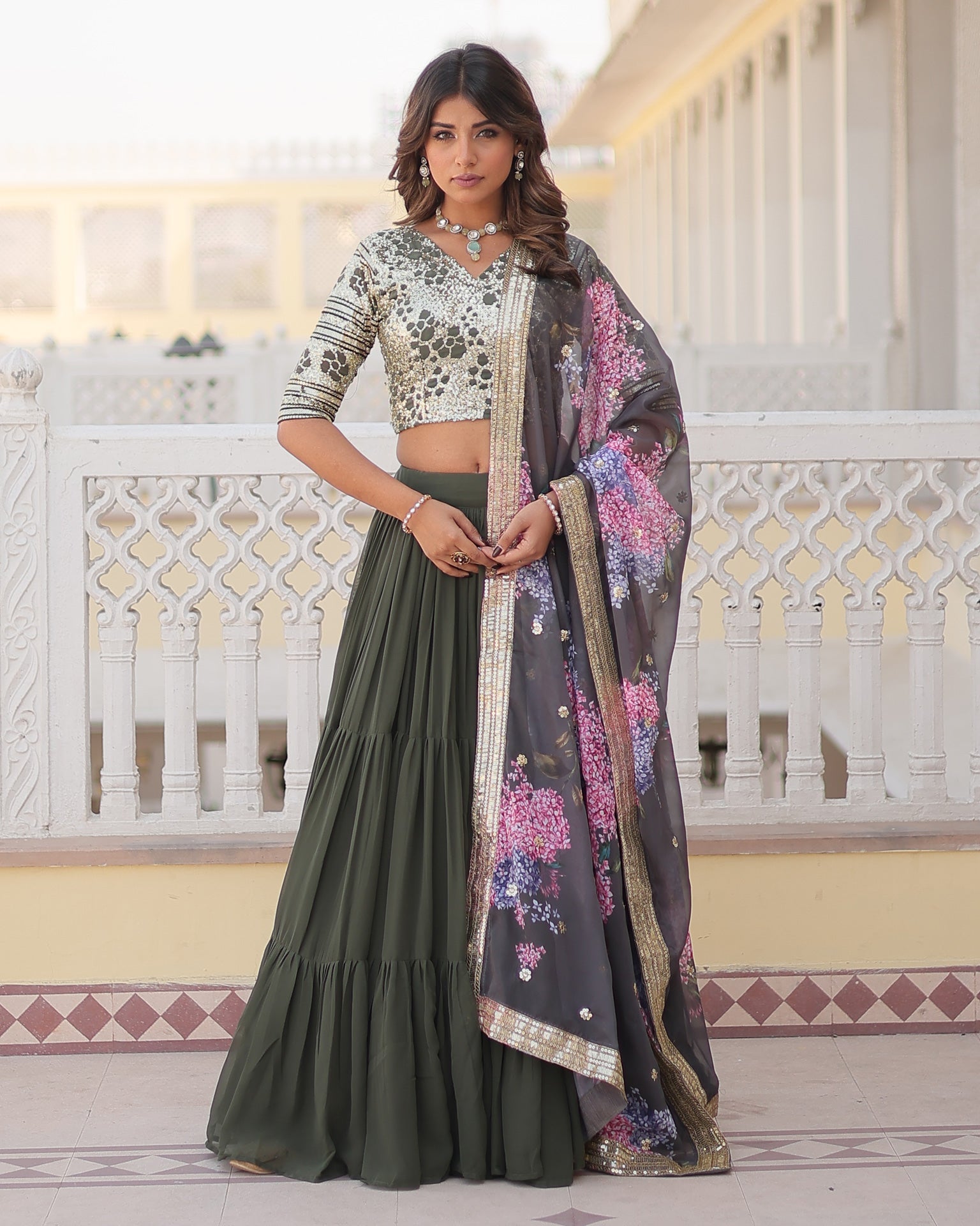 Grey Faux Georgette Sequins Embroidered Lehenga Choli With Digital Print Dupatta