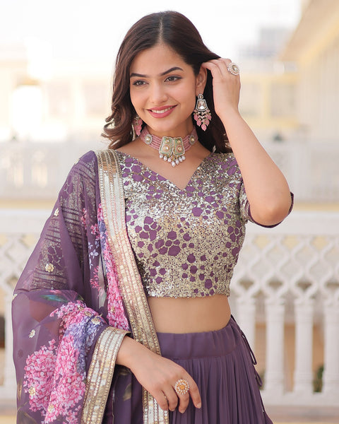 Purple Faux Georgette Sequins Embroidered Lehenga Choli With Digital Print Dupatta