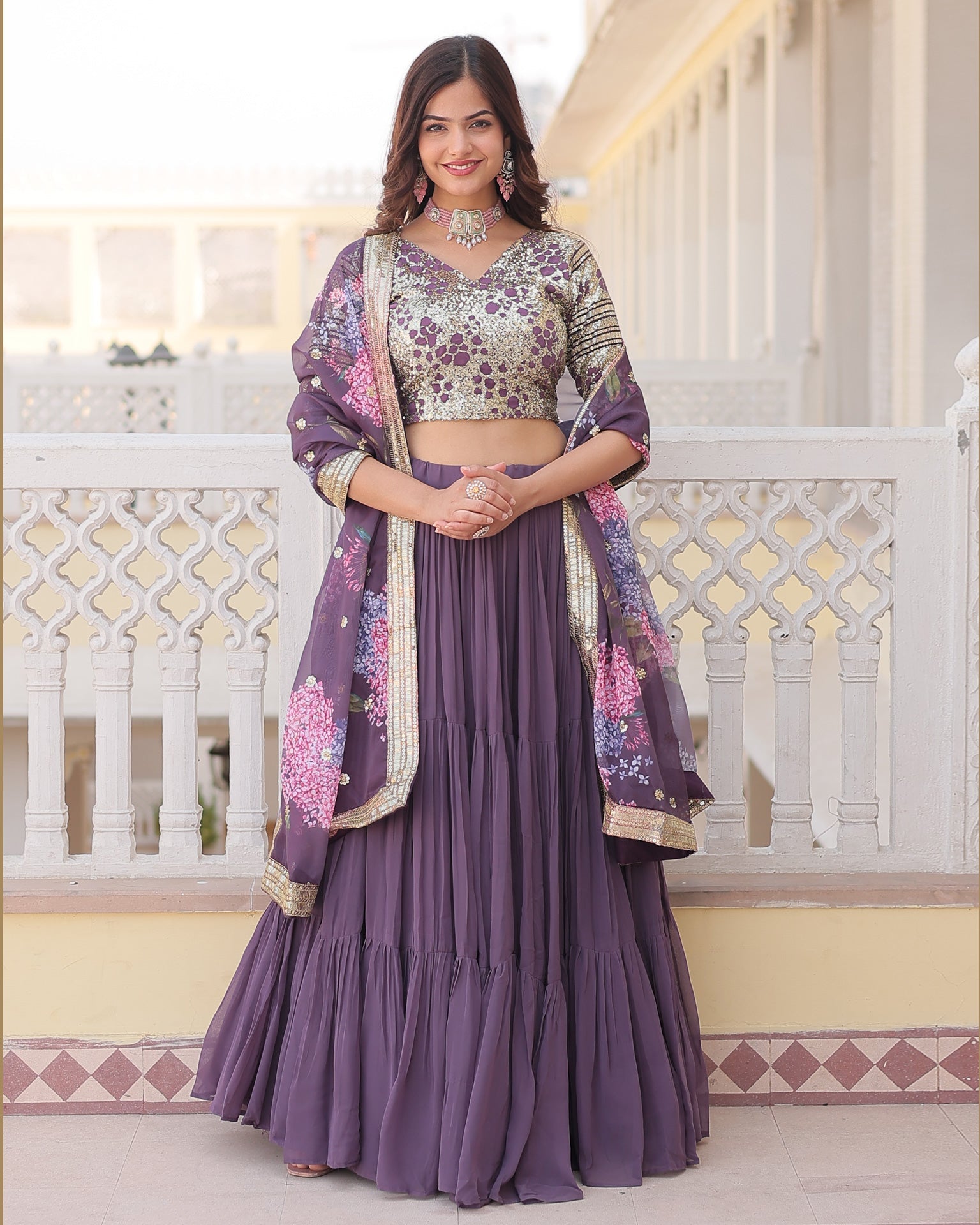 Purple Faux Georgette Sequins Embroidered Lehenga Choli With Digital Print Dupatta