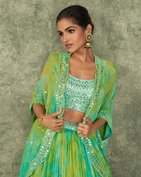 Green Silk Crop Top With Green Georgette Skirt For Mahendi
