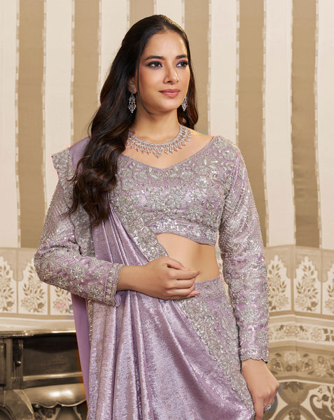 Lavender Foil Satin Beads Work Women Lehenga Saree With Stitched Blouse