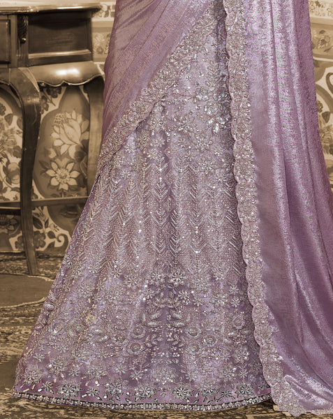 Lavender Foil Satin Beads Work Women Lehenga Saree With Stitched Blouse
