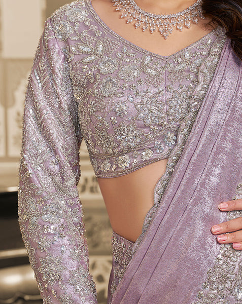 Lavender Foil Satin Beads Work Women Lehenga Saree With Stitched Blouse