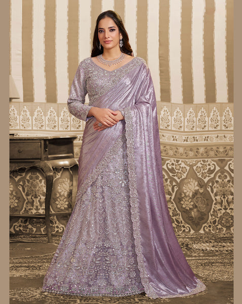 Lavender Foil Satin Beads Work Women Lehenga Saree With Stitched Blouse