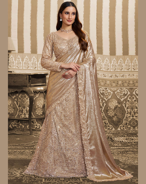 Golden Foil Satin Beads Work Women Lehenga Saree With Stitched Blouse