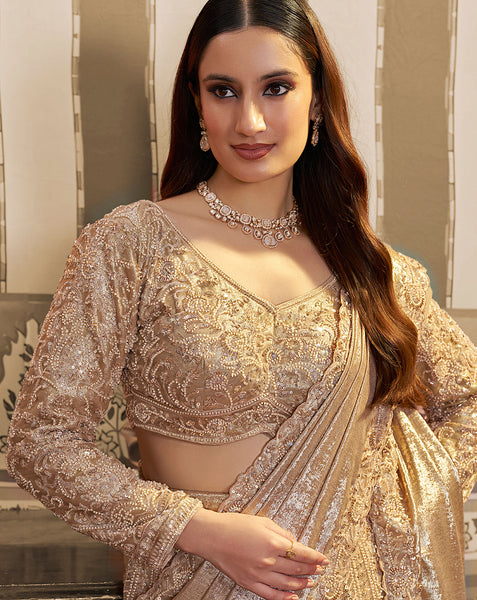 Golden Foil Satin Beads Work Women Lehenga Saree With Stitched Blouse
