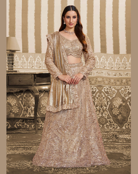 Golden Foil Satin Beads Work Women Lehenga Saree With Stitched Blouse