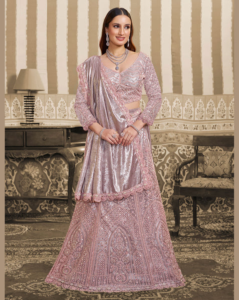 Pink Foil Satin Beads Work Women Lehenga Saree With Stitched Blouse