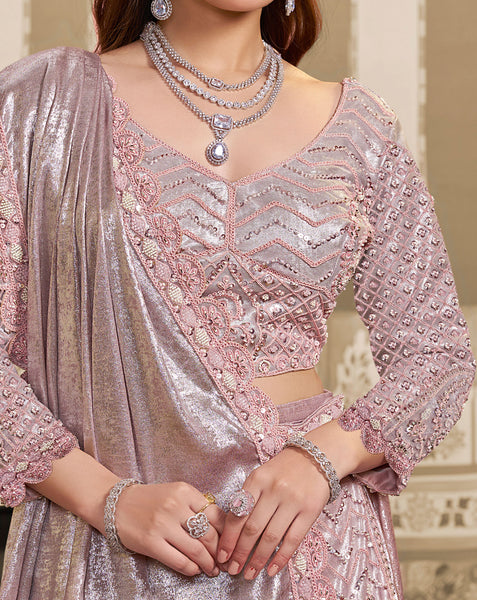 Pink Foil Satin Beads Work Women Lehenga Saree With Stitched Blouse