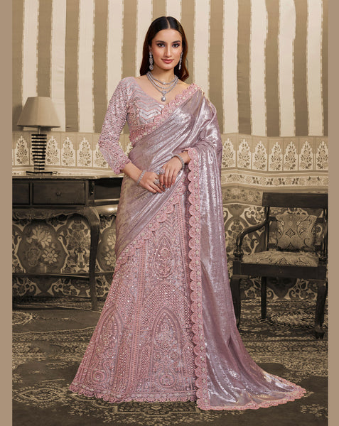 Pink Foil Satin Beads Work Women Lehenga Saree With Stitched Blouse