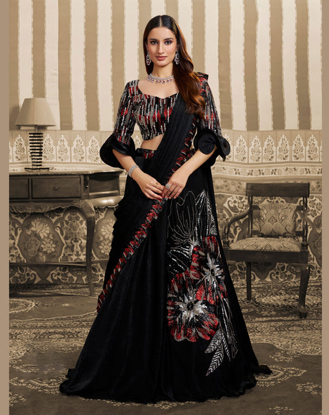 Black Velvet Satin Beads Work Women Lehenga Saree With Stitched Blouse