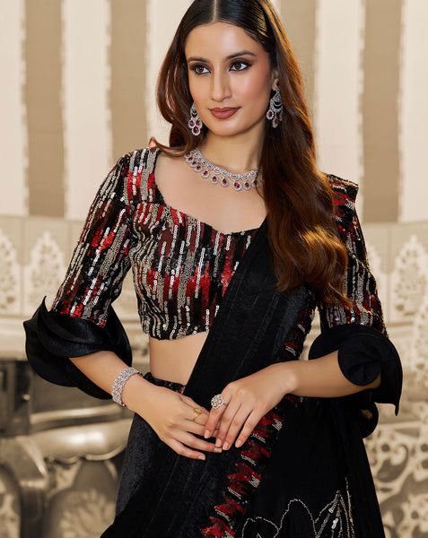 Black Velvet Satin Beads Work Women Lehenga Saree With Stitched Blouse