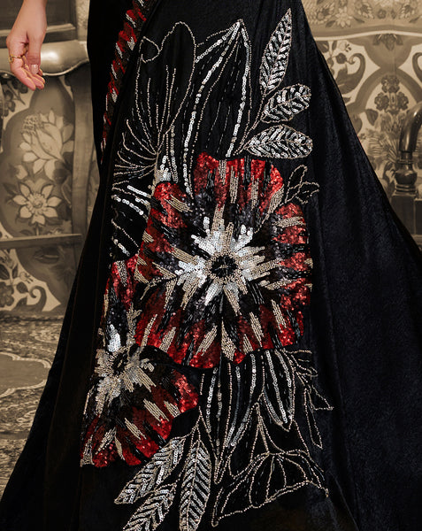 Black Velvet Satin Beads Work Women Lehenga Saree With Stitched Blouse