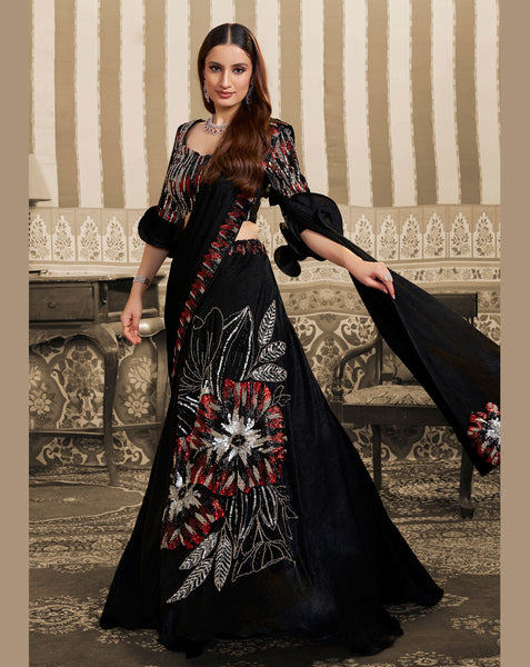 Black Velvet Satin Beads Work Women Lehenga Saree With Stitched Blouse