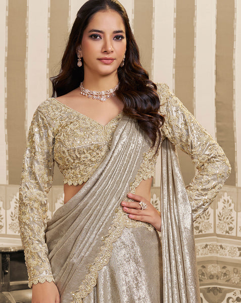 Cream Foil Satin Beads Work Women Lehenga Saree With Stitched Blouse
