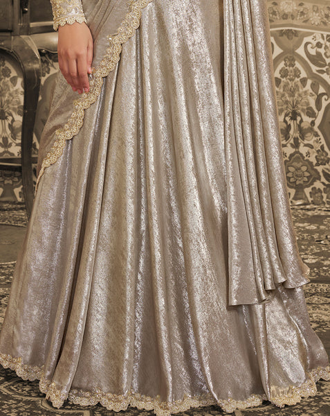 Cream Foil Satin Beads Work Women Lehenga Saree With Stitched Blouse