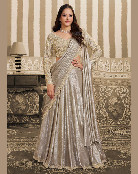 Cream Foil Satin Beads Work Women Lehenga Saree With Stitched Blouse