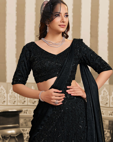 Black Foil Satin Beads Work Women Lehenga Saree With Stitched Blouse