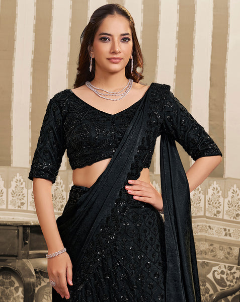 Black Foil Satin Beads Work Women Lehenga Saree With Stitched Blouse