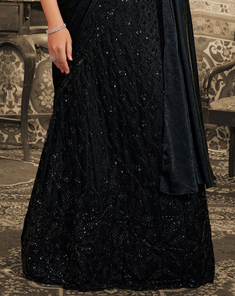 Black Foil Satin Beads Work Women Lehenga Saree With Stitched Blouse