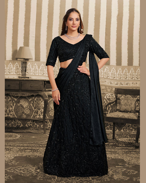 Black Foil Satin Beads Work Women Lehenga Saree With Stitched Blouse