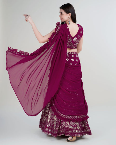 Wine Georgette Lehenga Saree With Stitched Blouse