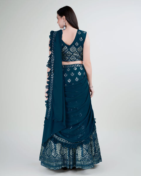 Teal Georgette Lehenga Saree With Stitched Blouse