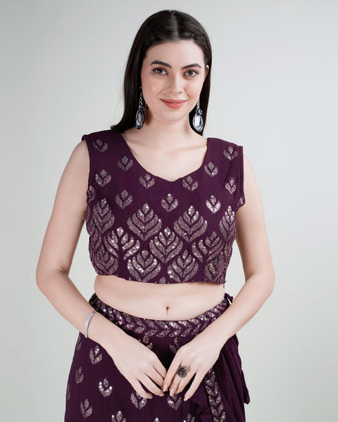 Purple Georgette Lehenga Saree With Stitched Blouse