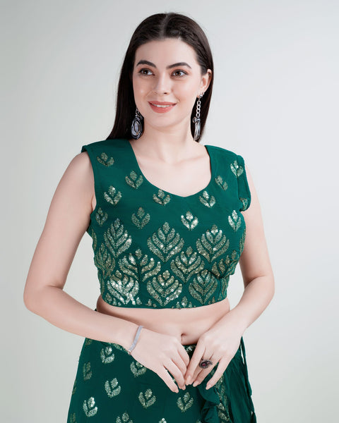 Green Georgette Lehenga Saree With Stitched Blouse