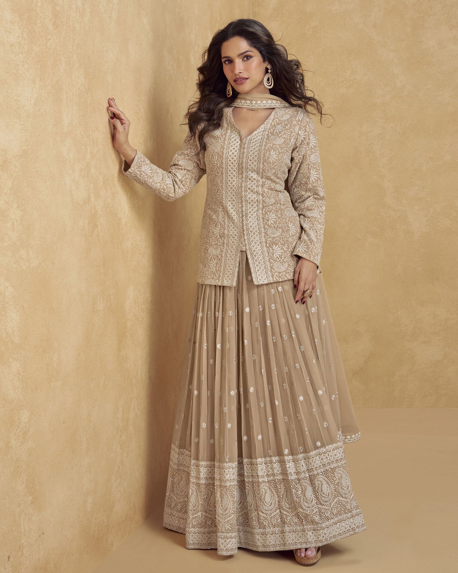 Beige Georgette Readymade Short Kurta With Lehenga For Women