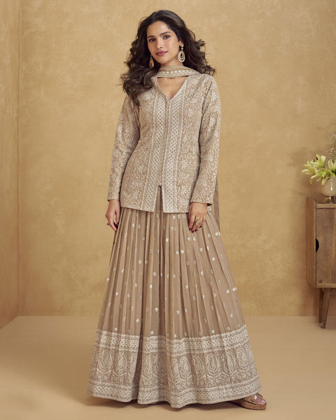Beige Georgette Readymade Short Kurta With Lehenga For Women