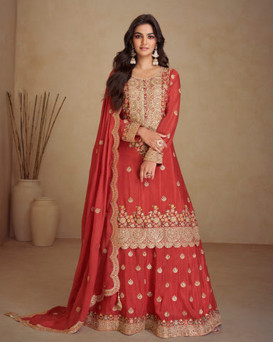 Red Chinnon Silk Zari Sequins Thread Work Women Readymade Lehenga Suit