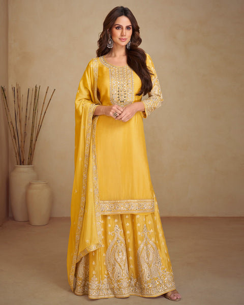 Yellow Chinnon Silk Zari Sequins Mirror Work Women Readymade Palazzo Suit
