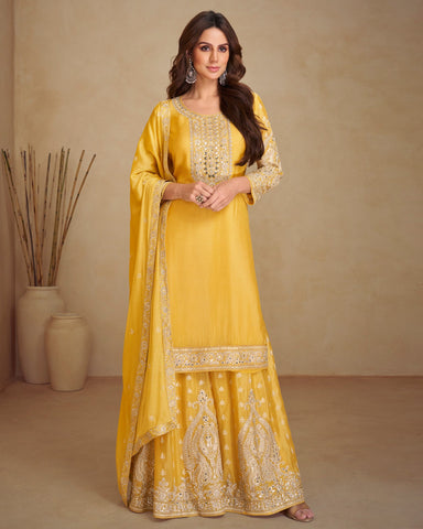 Yellow Chinnon Silk Zari Sequins Mirror Work Women Readymade Palazzo Suit