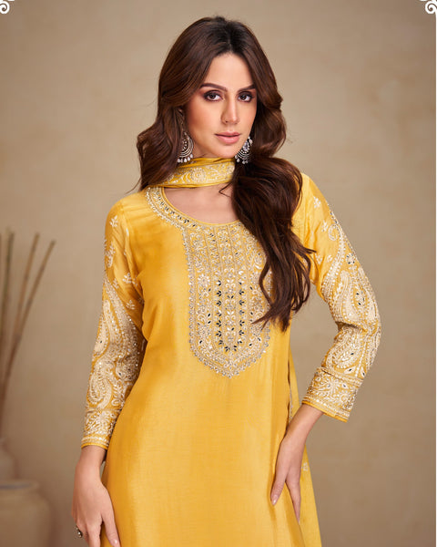 Yellow Chinnon Silk Zari Sequins Mirror Work Women Readymade Palazzo Suit