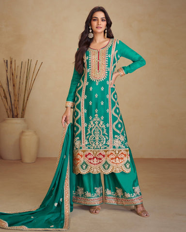 Teal Green Chinnon Silk Zari Sequins Mirror Work Women Readymade Palazzo Suit
