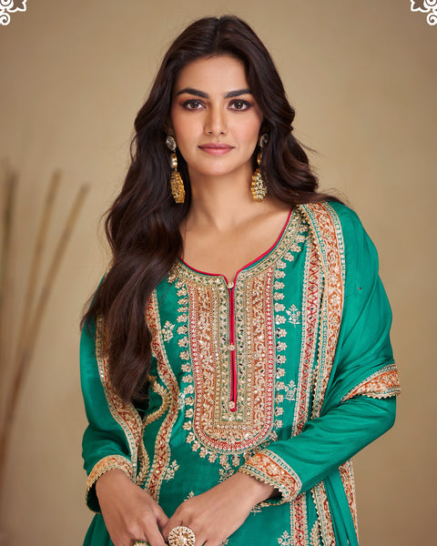 Teal Green Chinnon Silk Zari Sequins Mirror Work Women Readymade Palazzo Suit