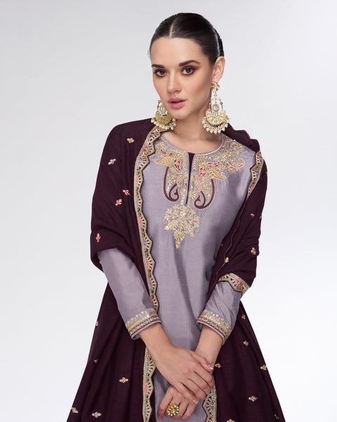 Lavender & Wine Silk Thread Zari Work Lehenga Suit With Embroidered Wine Dupatta