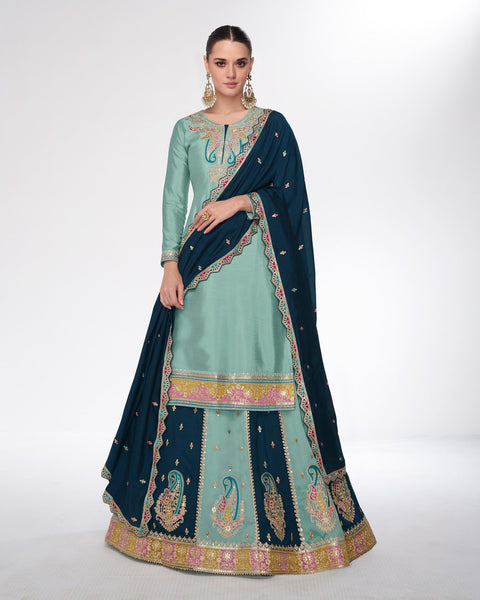 Sky Blue & Dark Blue Silk Thread Zari Work Lehenga Suit With Embroidered Wine Dupatta