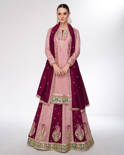 Baby Pink & Magenta Silk Thread Zari Work Lehenga Suit With Embroidered Magenta Dupatta
