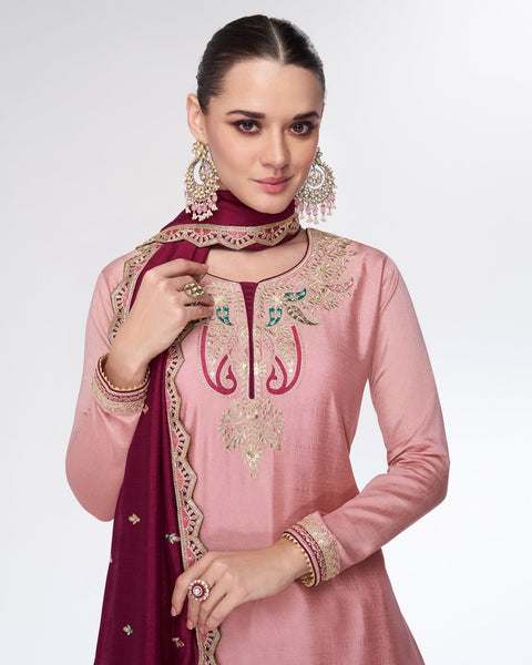 Baby Pink & Magenta Silk Thread Zari Work Lehenga Suit With Embroidered Magenta Dupatta