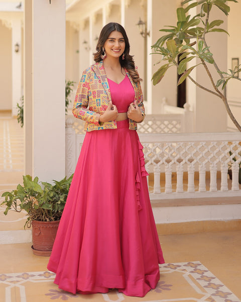 Pink Chinnon Silk Lehenga Choli With Multicolor Jacquard Jacket