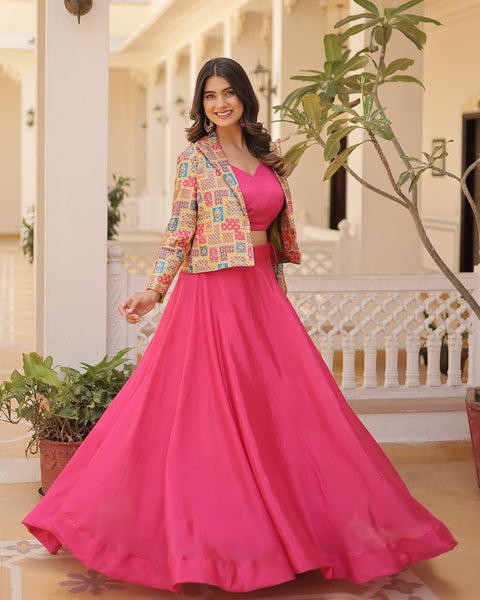 Pink Chinnon Silk Lehenga Choli With Multicolor Jacquard Jacket