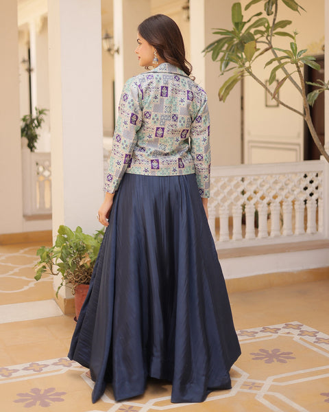 Blue Chinnon Silk Lehenga Choli With Multicolor Jacquard Jacket