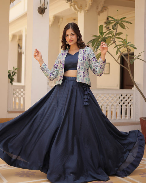 Blue Chinnon Silk Lehenga Choli With Multicolor Jacquard Jacket