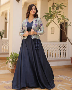 Blue Chinnon Silk Lehenga Choli With Multicolor Jacquard Jacket