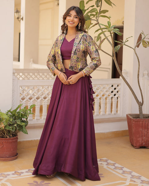 Wine Chinnon Silk Lehenga Choli With Multicolor Jacquard Jacket