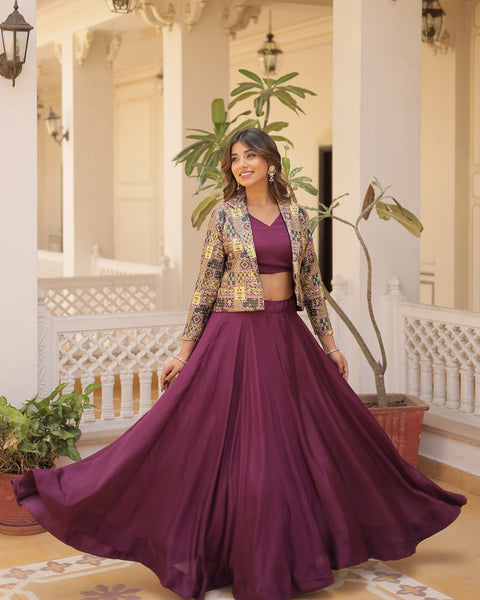 Wine Chinnon Silk Lehenga Choli With Multicolor Jacquard Jacket